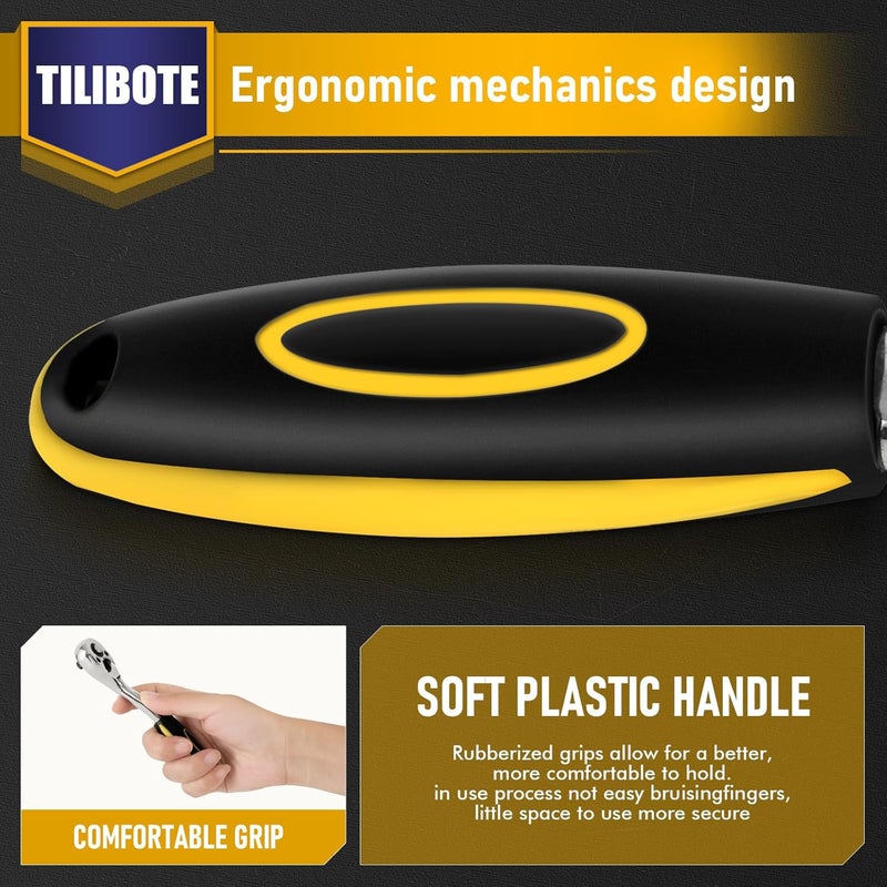 TILIBOTE مجموعة مفاتيح ربط، 62 قطعة 1/4" مجموعة مفاتيح ربط مع 72 سن، SAE وميتر من 5/32" - 9/16"، 4 مم - 14 مم، مجموعة أدوات للمنزل والسيارة، دراجة نارية، إصلاح دراجة - Image 3